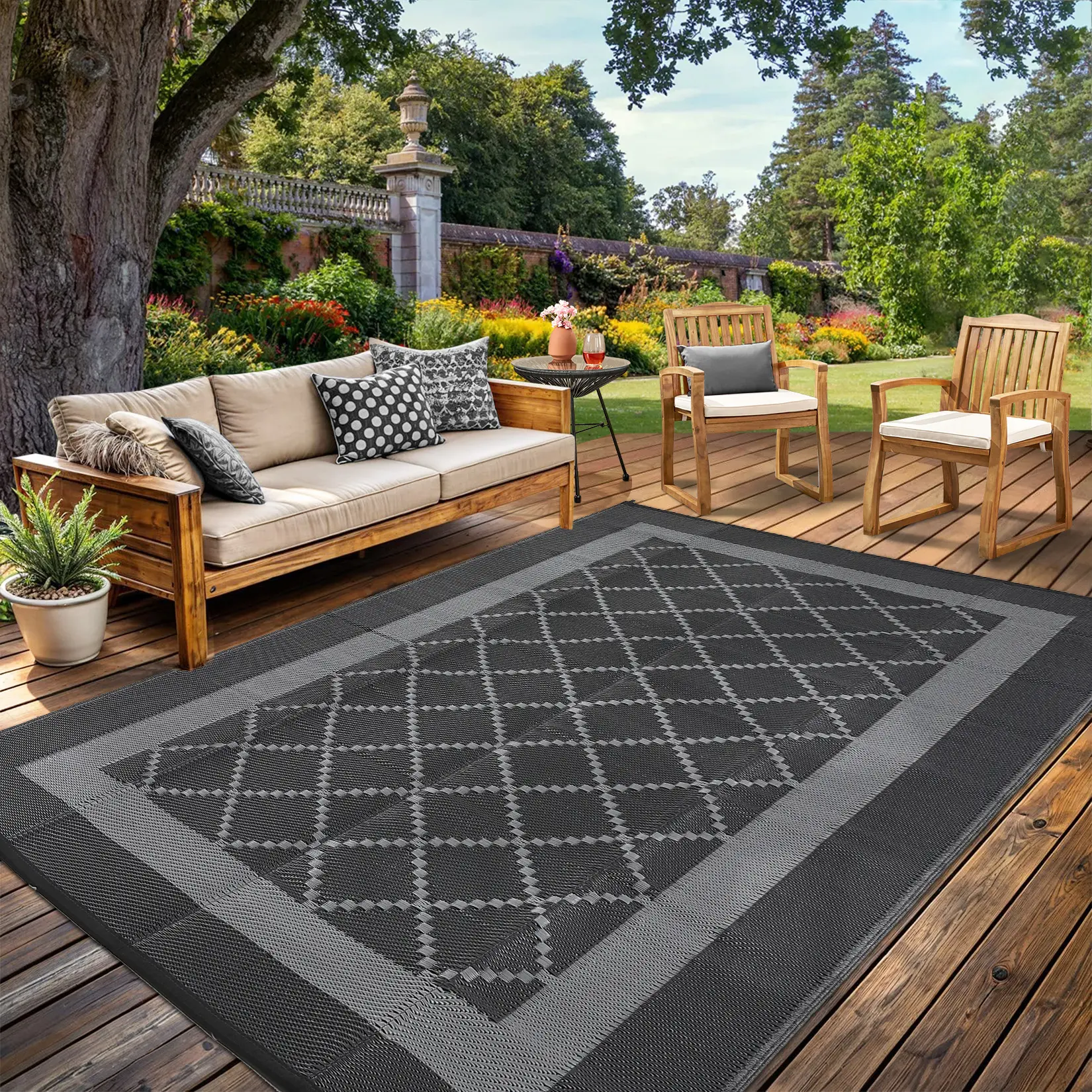 8x10 Outdoor Rug Waterproof Reversible Plastic Straw Mat, Large Modern Patio Area Rug for Deck, Balcony, Pool, Camping, Beach, Picnic, Indoor/Outdoor Use, UV Resistant & Easy to Clean, Geometric Black&grey