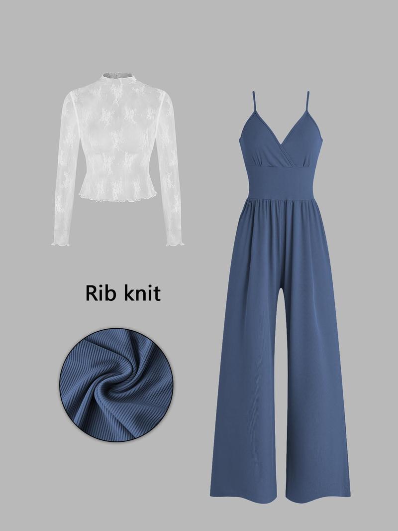 Women's Solid Lace Tee & Pocket Overalls Jumpsuit Set, Elegant Zipper Back Cami Jumpsuit & Long Sleeve Top for Daily Outdoor Wear, Women's Clothing for Spring & Fall, Matching Set Outfit, Womenswear