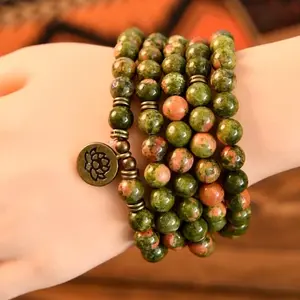 Unakite Natural Healing Crystal 108 Mala Bead Wrap Bracelet,Handmade Buddha & Lotus Charm Dual-Purpose Prayer Necklace,Yoga Mindfulness Gemstone Jewelry For All Occasions