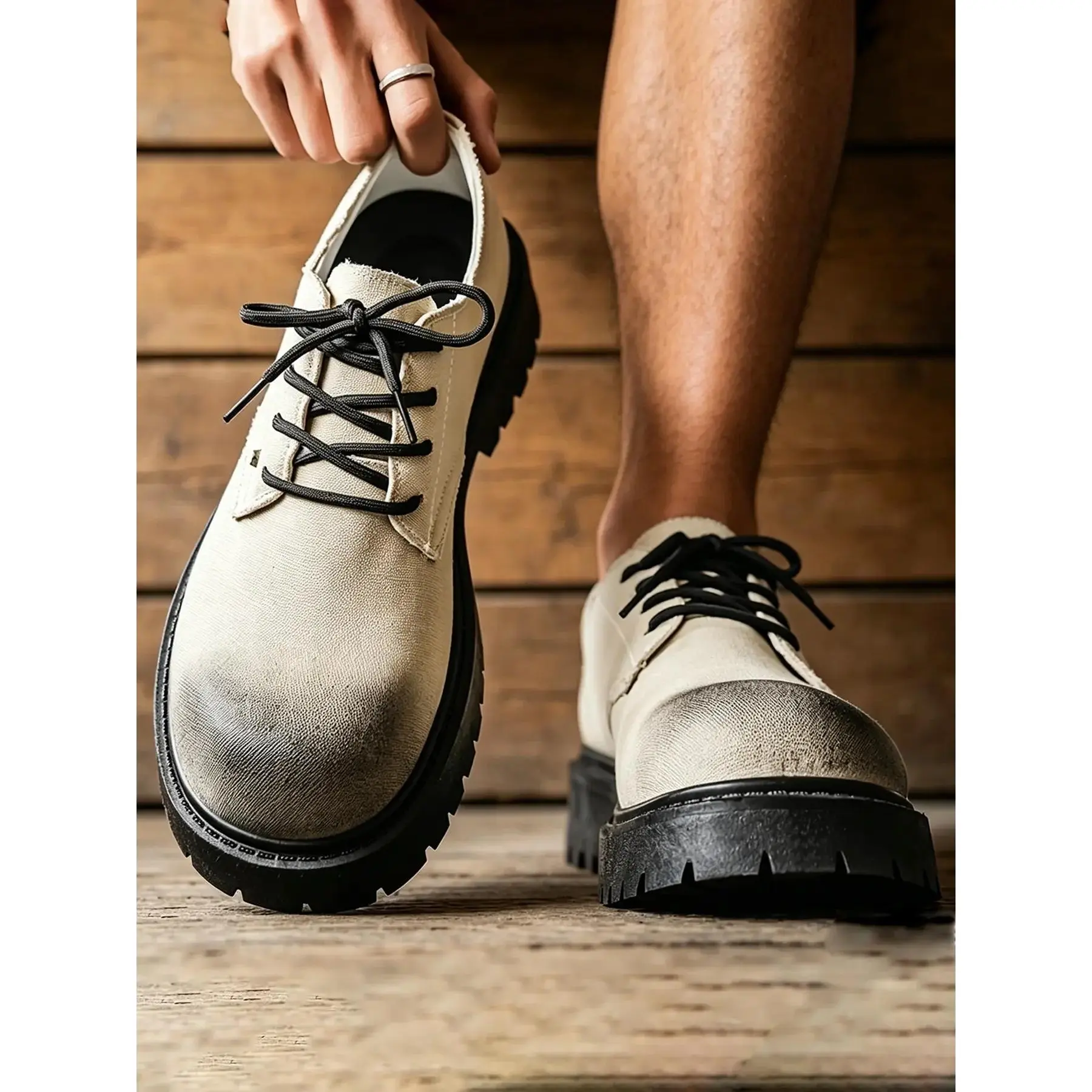 YYW1 Men's Vintage Washed Canvas Platform Shoes, Beige/Black Distressed Chunky Lace-up Casual Shoes, Non-Height Increasing Lug Sole Shoes Men, Footwear