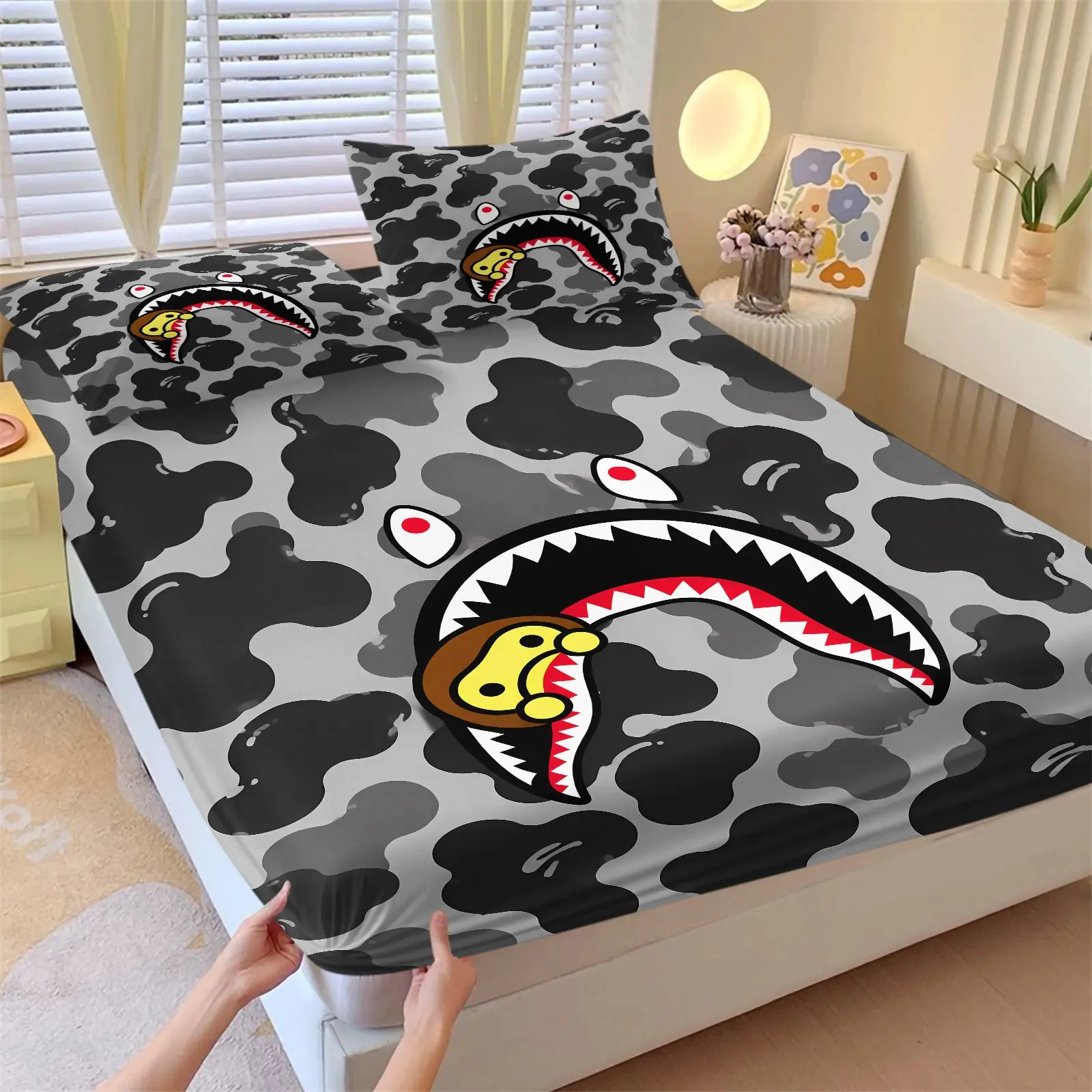 Black‑Grey Camo Street‑Style Shark Ape Graphic Bedding Set (1 Fitted Sheet + 2 Pillowcases), Soft Cozy Microfiber Deep Pocket Fitted Sheet, Trendy Camouflage Shark Monkey Pattern Fitted Sheet, Cool Decor for Teen Bedroom Dorm Room Bed Sheets
