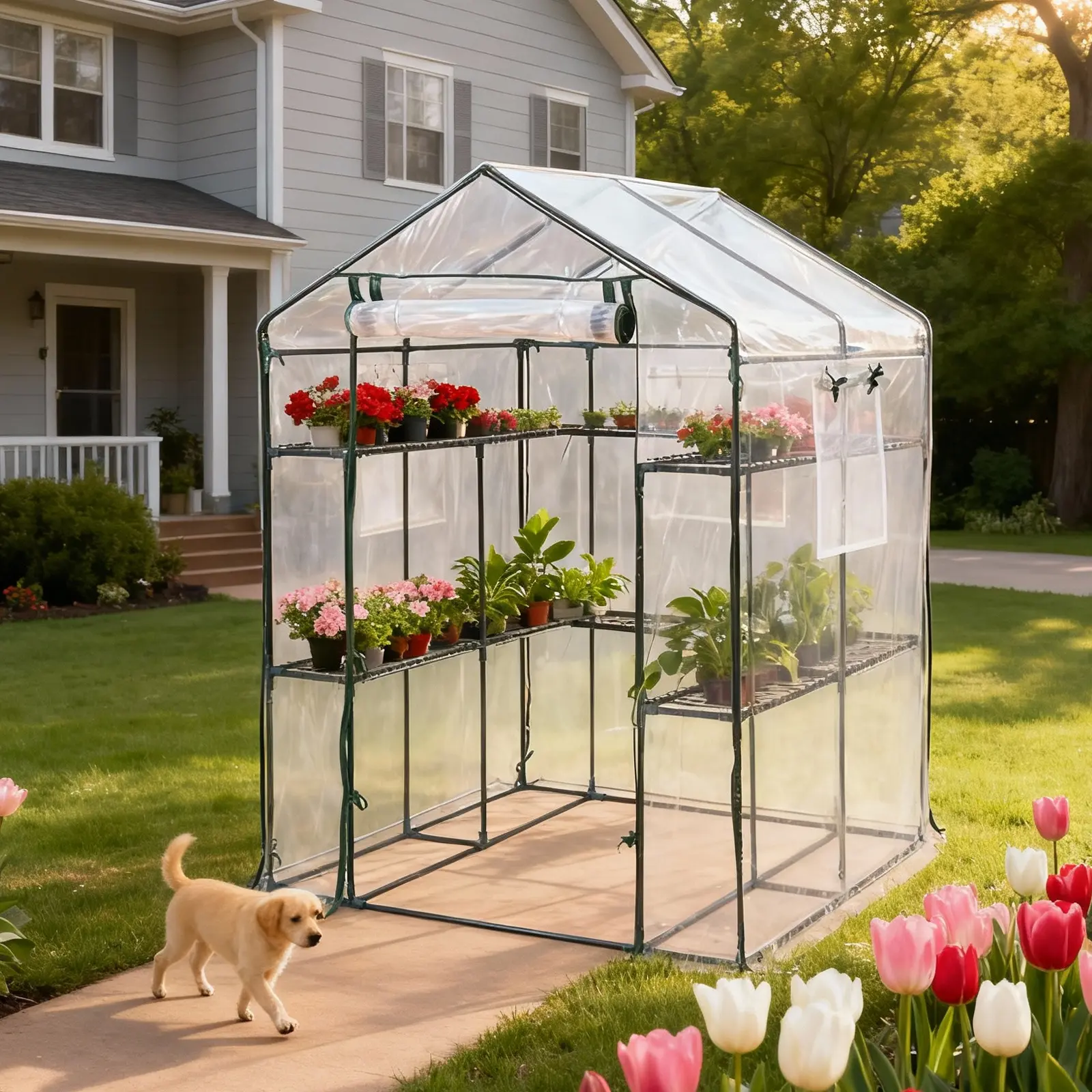 Walk-in Greenhouse, 56 x 56 x 77 Inch Outdoor Plant Green House with 3 Tiers 12 Shelves, Heavy Duty Steel Frame & Thicken PE Cover, Portable Greenhouses for Balcony Patio Deck Gardening Clear