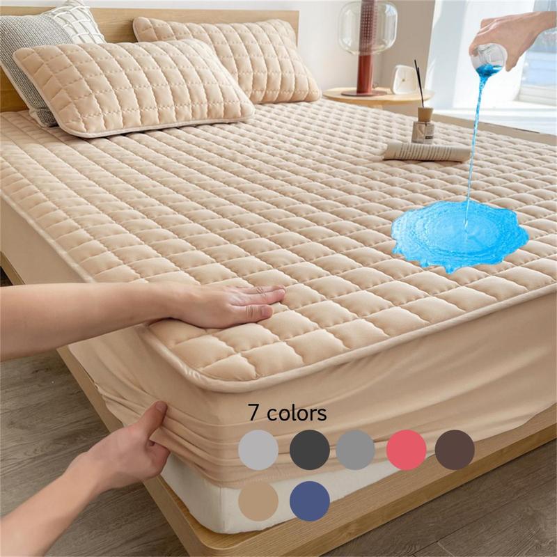 Solid Color Waterproof Plaid Textured Fitted Sheet, Soft Simple Bedding Quilted Mattress Cover for Bedroom, Pillow Case without Filler, Summer Bedroom Decor, Protective Sheets