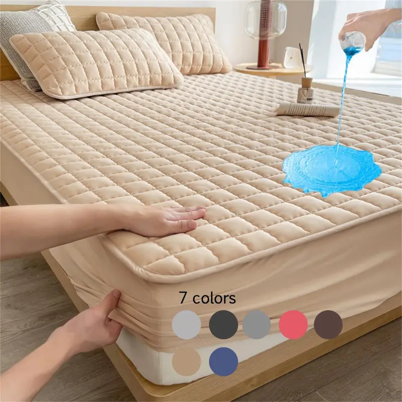 Solid Color Waterproof Plaid Textured Fitted Sheet, Soft Simple Bedding Quilted Mattress Cover for Bedroom, Pillow Case without Filler, Summer Bedroom Decor, Protective Sheets