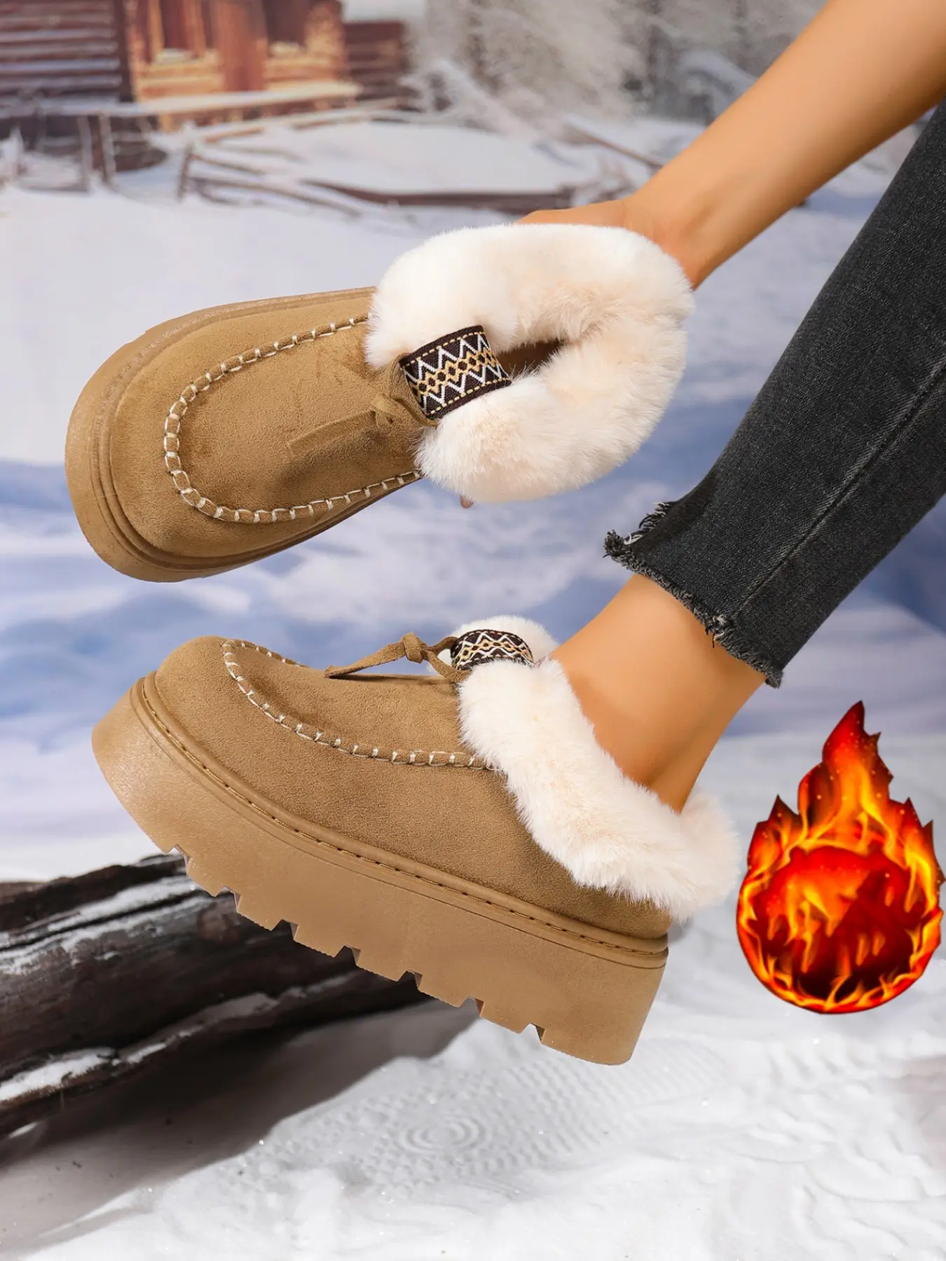 Women's fleece-lined slippers, lace-up style winter warm lazy home slippers, with a warm inner lining to keep out the cold, soft and fluffy interior, stylish everyday footwear, suitable for outdoor snow walks, shopping, traveling, and casual home wear.