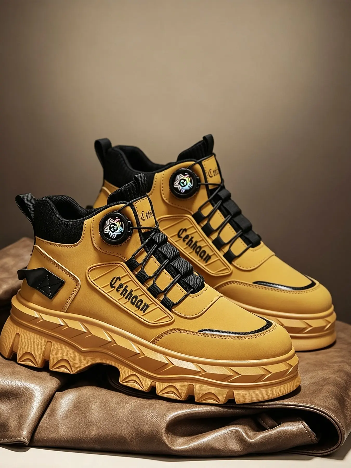 High Top Work Boots for Men, Rotating Button Design, No Laces, Thick Sole, Waterproof, Anti-Slip, Outdoor Casual Safety Shoes