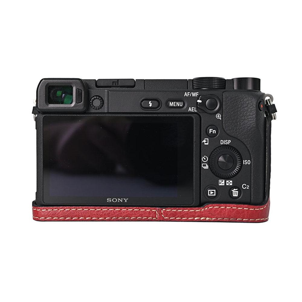 Litchi Pattern PU Leather Camera Half Case for Sony A6300 A6400 A6000 A6100 Bottom Opening Magnetic Cover With Strap