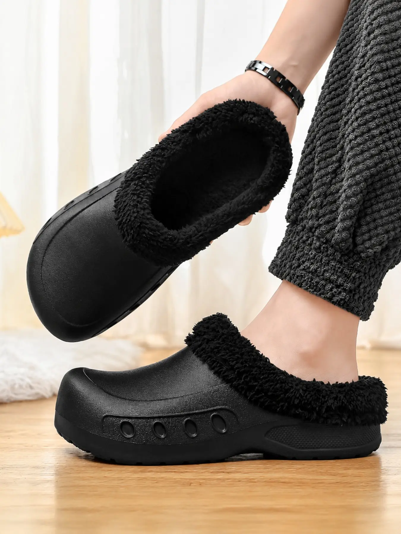 Large Size Black Fleece Lined Chef Shoes, Winter Warm Waterproof Non-Slip Kitchen Work Shoes, Eva Sole, Unisex, Comfortable & Lightweight