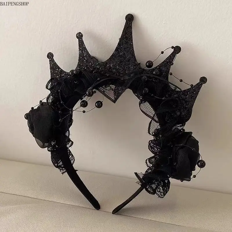 2026 Gothic Black Lace Crown Headband For Women, Black Rose & Bead Decor Dark Queen Witch Costume Hair Accessory, Ideal For Halloween Cosplay, Masquerade Party & Lolita Photography
