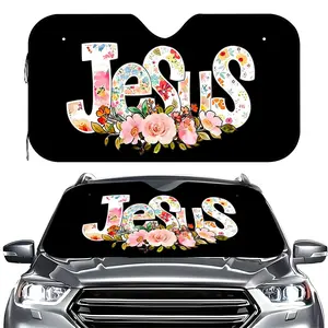 1pc Floral Jesus Lettering Premium Car Sunshade Universal UV Scratch Resistant Windshield Protector with Cooling Effect