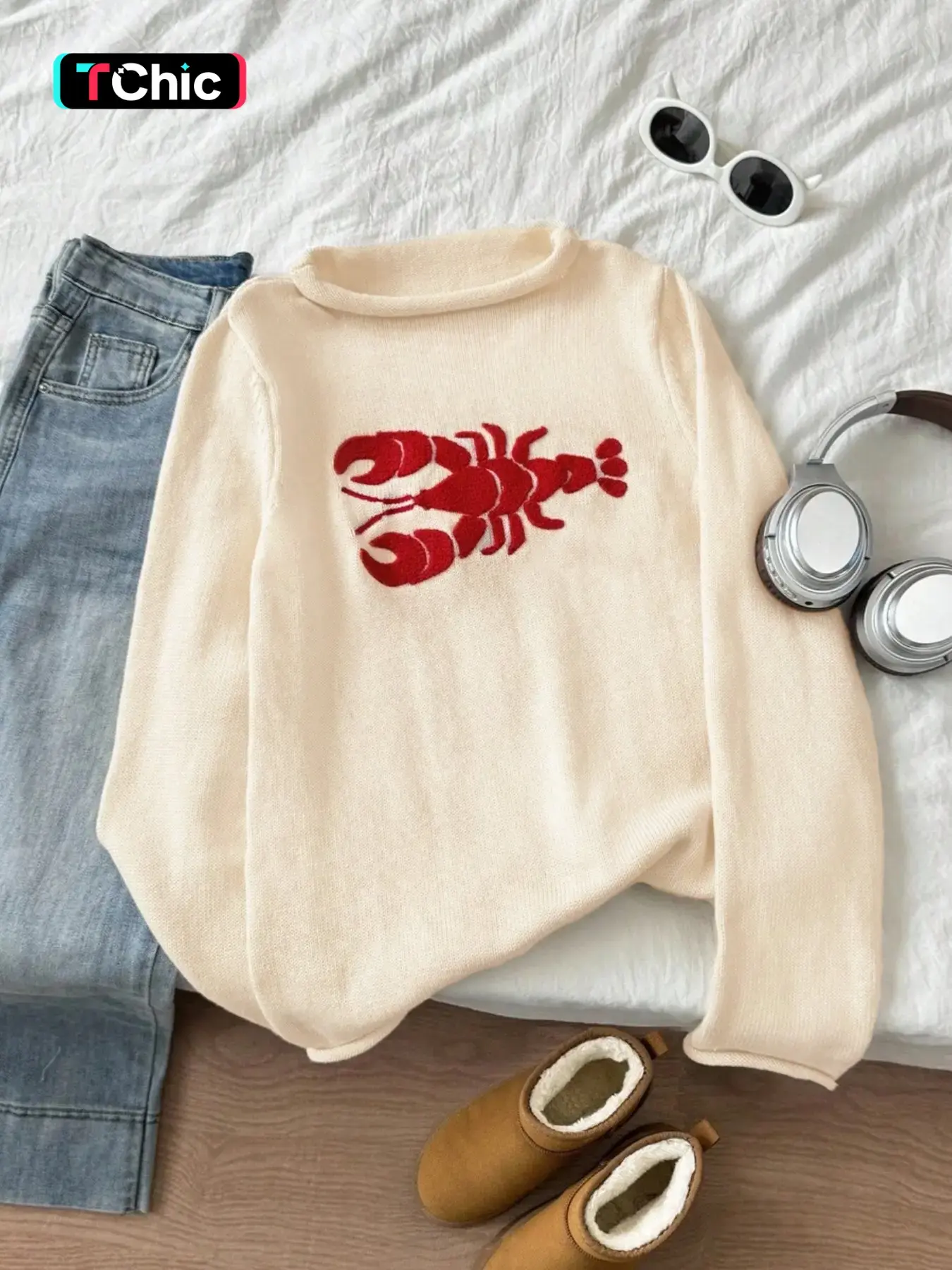 Autumn Women's Y2K Casual Lobster Towel Embroidered Rolled Cuff Knit Sweater, Long Sleeve Pullover, Slim Fit, Spring & Fall Fashion