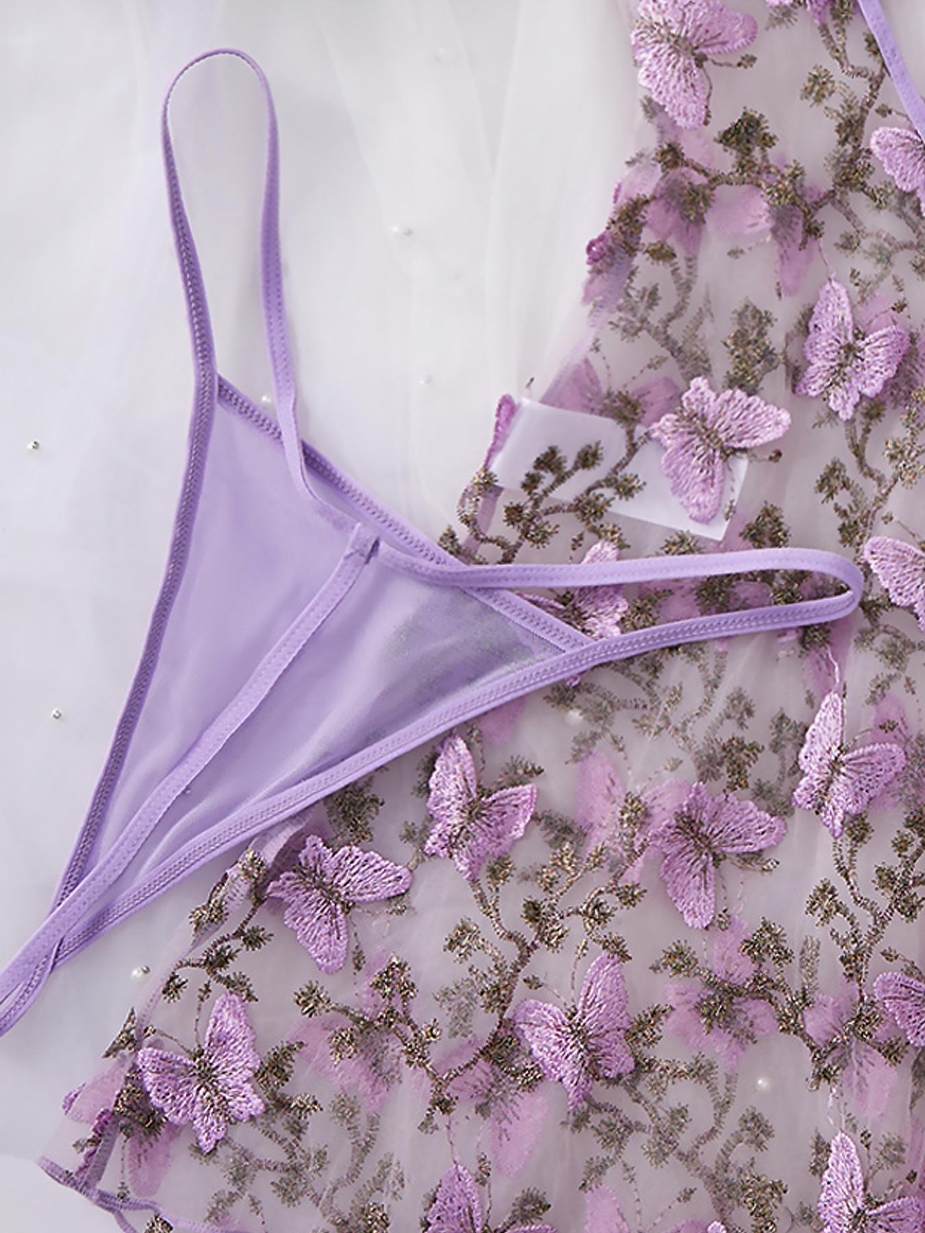 Women's Butterfly Embroidery Cami Nightdress & Thong Sexy Feminine Lingerie Set Underwear, Comfy Fitted Elegant Nighty Dress Set, Ladies Sleepwear for All Seasons