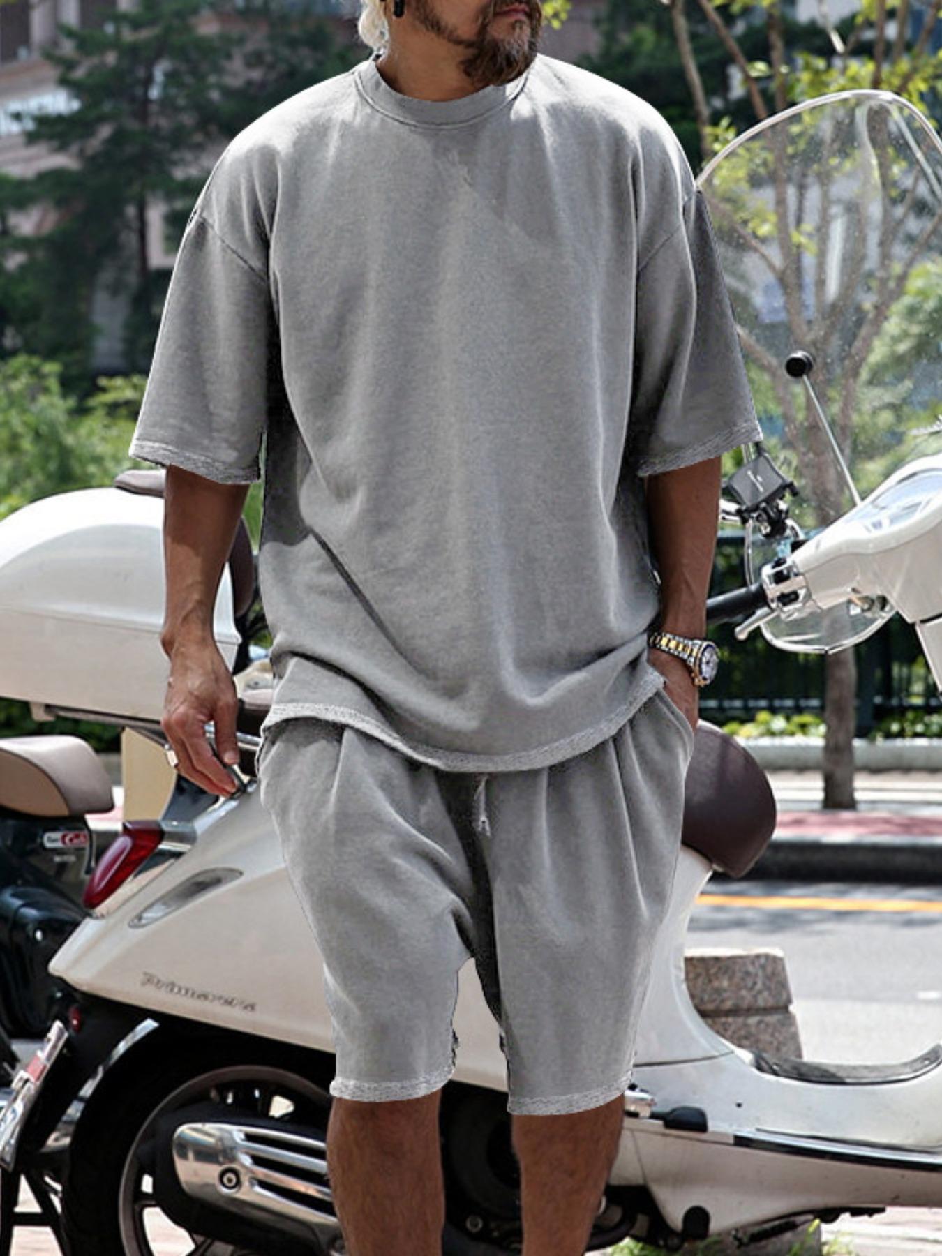 Men's Summer Casual Set, Pure Color Round Neck Short Sleeve Tee & Shorts, Classic Loose Fit Sportswear, Comfortable Daily Wear