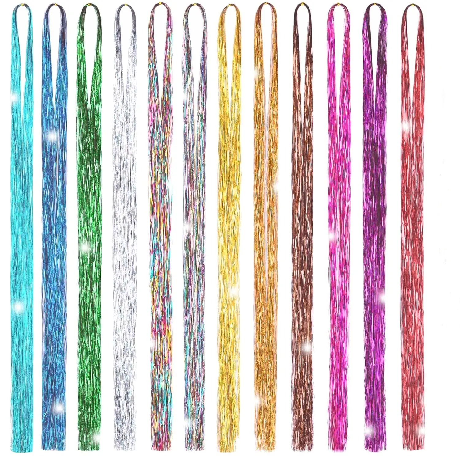 12 PCS Hair Tinsel Glitter Hair Extensions Clip in Fairy Hair Tinsel Strands for Women Girls Sparkle Shimmer Hair Accessories Heat Resistant Hair Bling Kit for Party Festival Wedding DIY Hair Decor