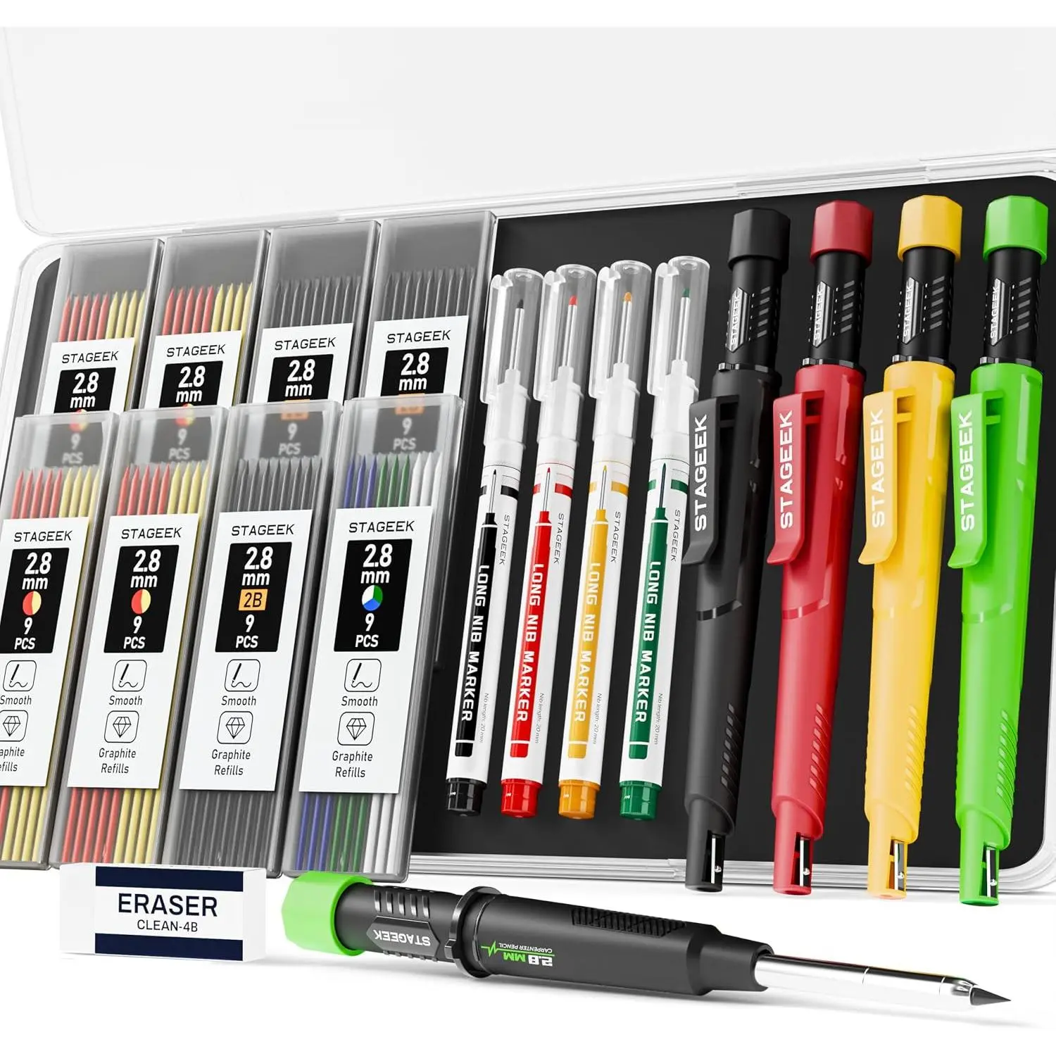 4 Pack Carpenter Pencils with Sharpener, Mechanical Carpenter Pencils with 76 Refills, Construction Pencil Heavy Duty Woodworking Tools, Deep Hole Long Nib Marker Pens for Architect Marking