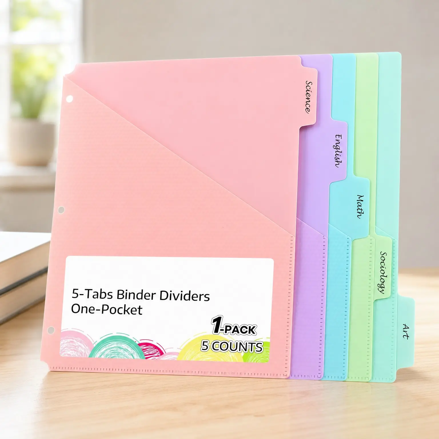 5 Tab Dividers with Pockets for 3 Ring Binder, US Letter Size, Pastel Colors - Binder Dividers for School, Office, and Home Organization