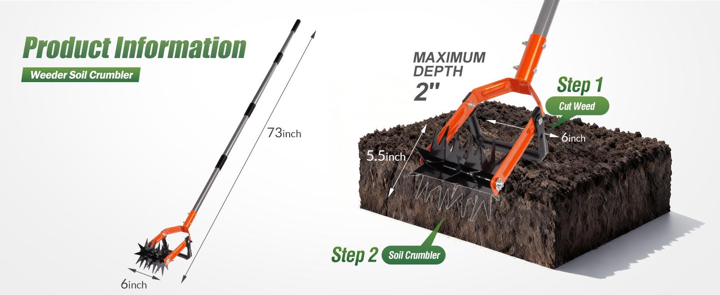 Rotary Cultivator Garden Tool, Adjustable Long Handle Hand Tiller with Star-Shaped Rolling Tines, 2-in-1 Weeder & Soil Aerator for Lawn Care, Reseeding Grass, Soil Mixing, Manual Yard Tiller