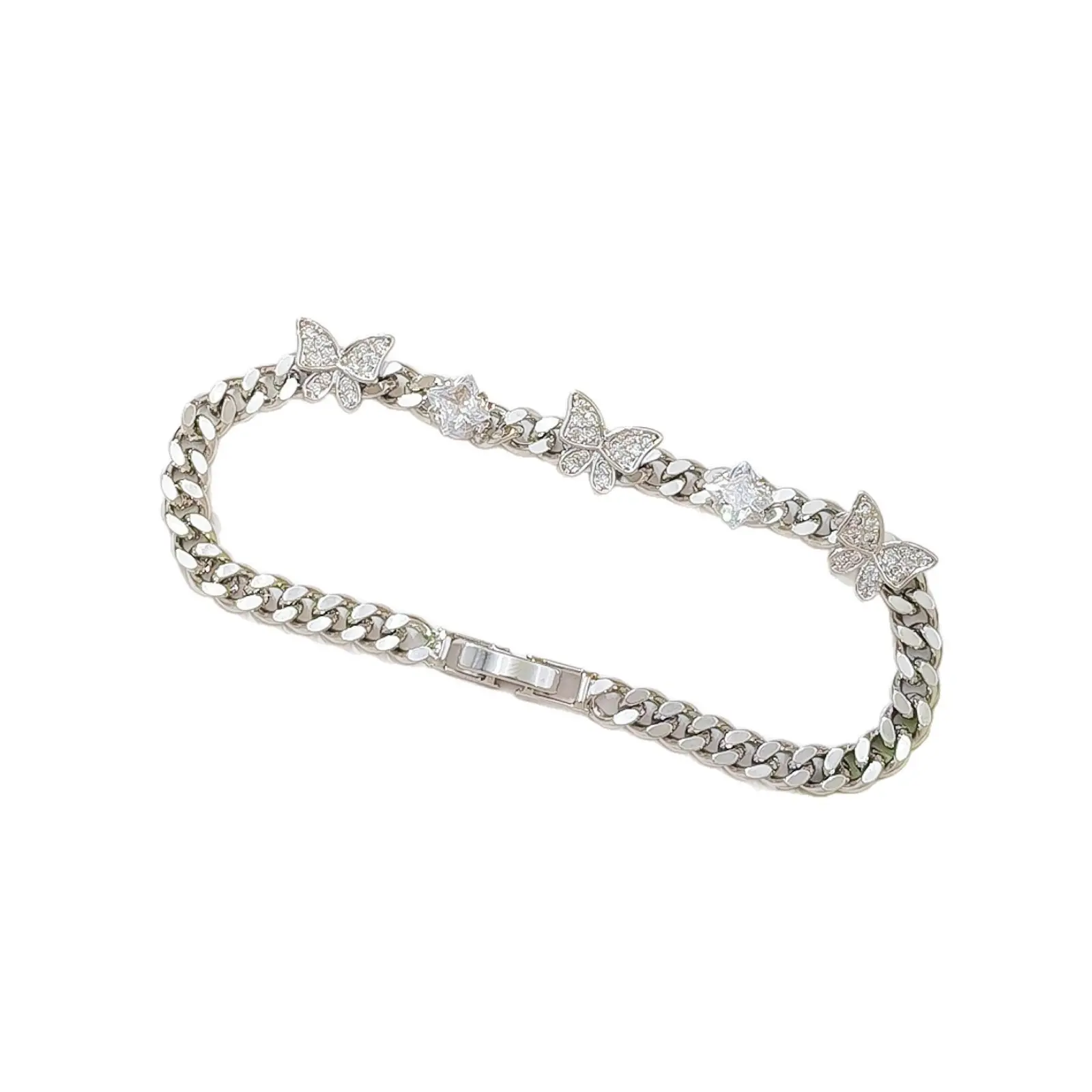 Female Silver Butterfly Bracelet, Iced Out Cuban Link Chain with Paved Rhinestones and Square Pendant, Casual Fashion Streetwear Gift, Bangles, Aesthetic Streetwear, Butterfly Charm, Charm Bracelets, Iced Out Look