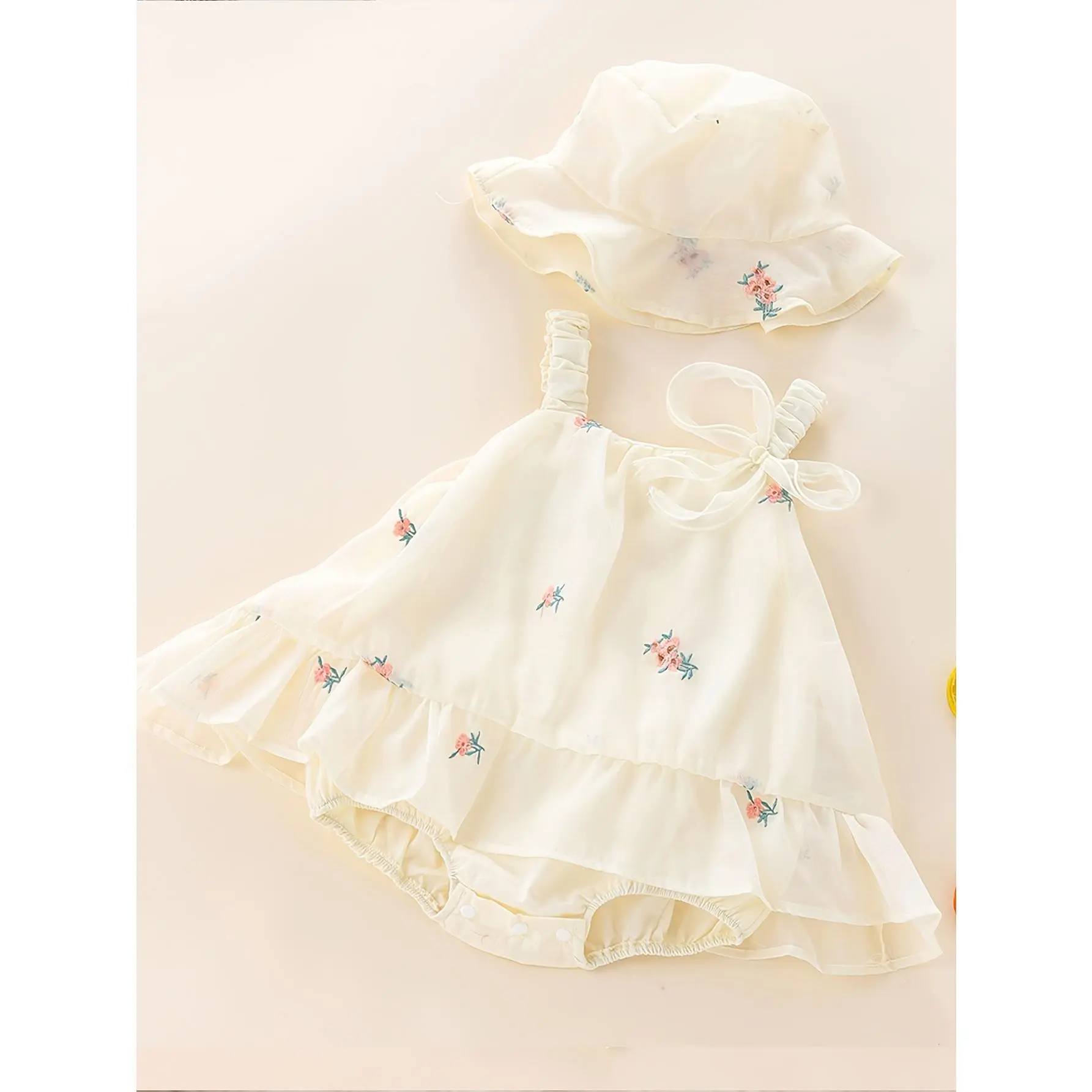 Baby Suspender Diaper Skirt, 0-24 Months Girls' Fresh Small Floral Embroidery Romper, Ruffled Hem Skirt, Sun Hat Set, Breathable And Skin-Friendly Non-Sweaty, Sweet Mori Style Beach Vacation Daily Wear Princess Hat Diaper Tulle Skirt, for Outdoor