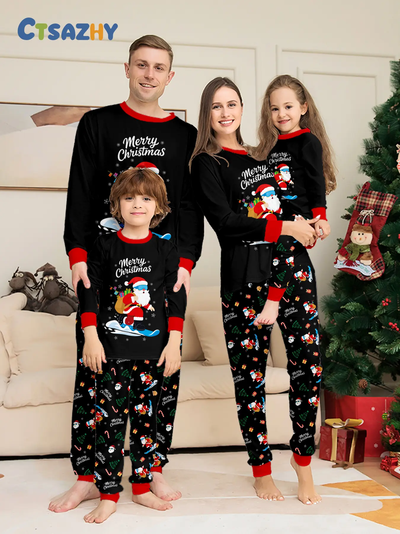 Family Pajama Set, Merry Christmas Letter Ski Santa Print Top, Full Print Cuffed Long Pants, Adult & Child Sizes, Loose Home Wear
