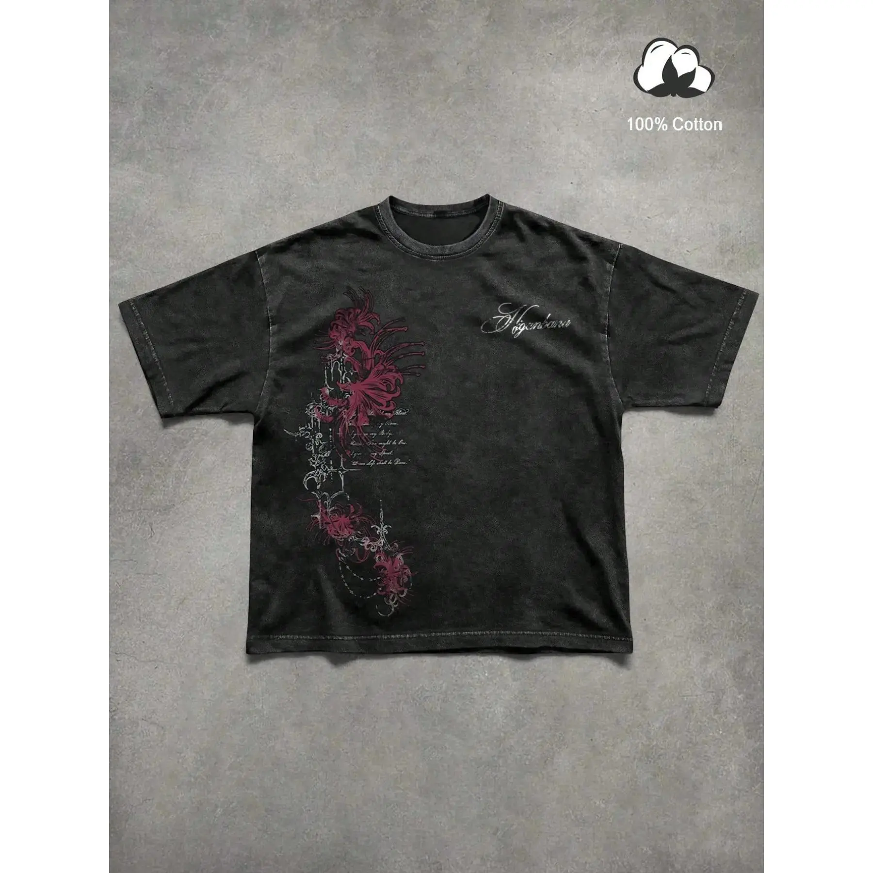 Unisex 100% Cotton Washed Vintage Spider Lily Print Oversized T-Shirt| Y2K Dark Gothic High Street American Retro Streetwear Top