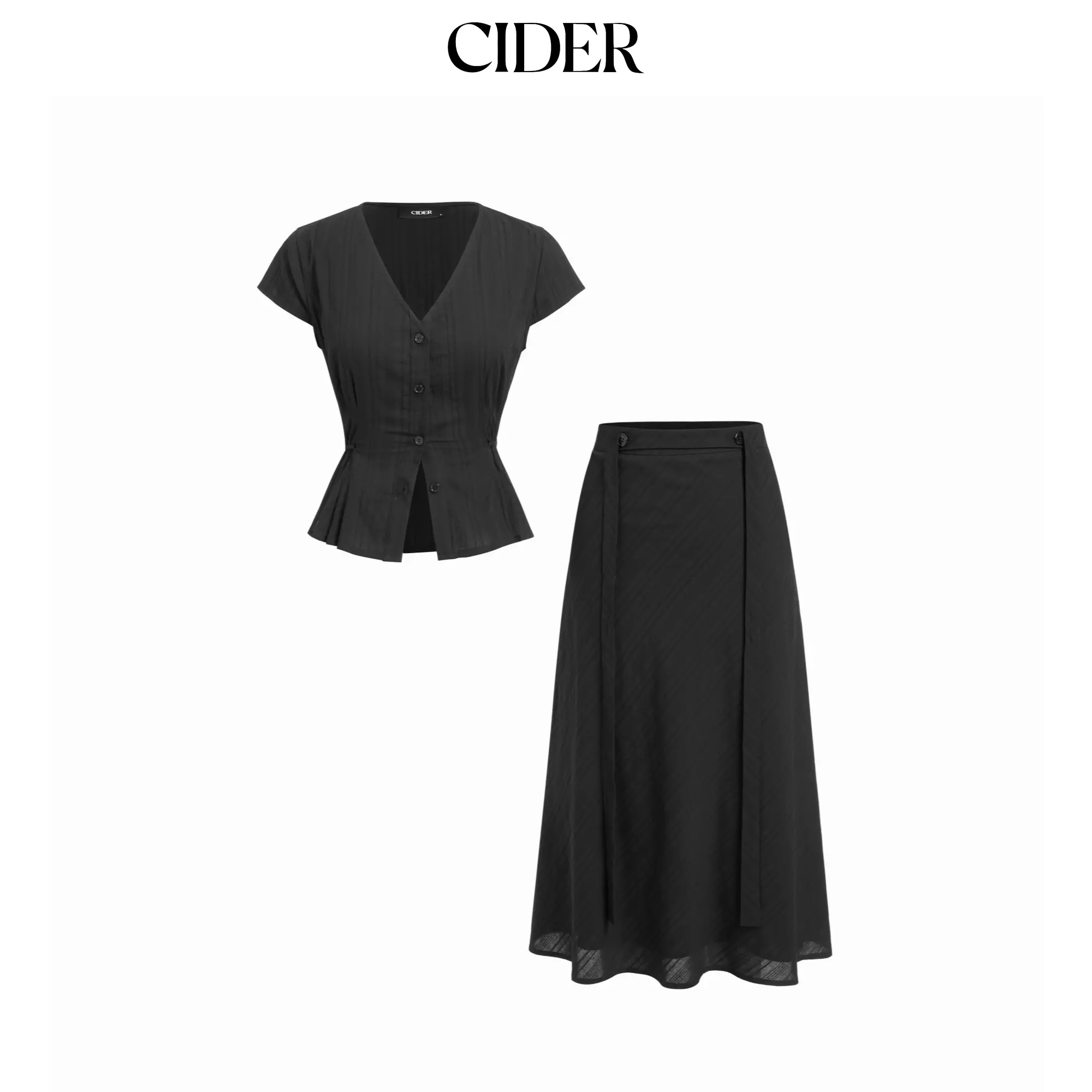 Cider Cotton V-Neck Button Front Peplum Top & Mid Rise A-line Maxi Skirt Set With Belt