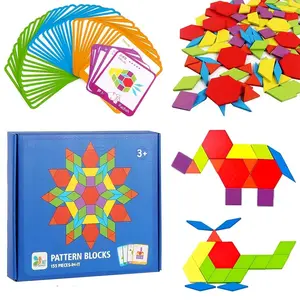 Educational Learning Tangram - 155pcs Wooden Pattern Blocks Set - Geometric Shape Jigsaw Puzzle - STEM Toys for Kids - With 24pcs Flash Cards - Wooden Toys Birthday Christmas Gift Boys Girls