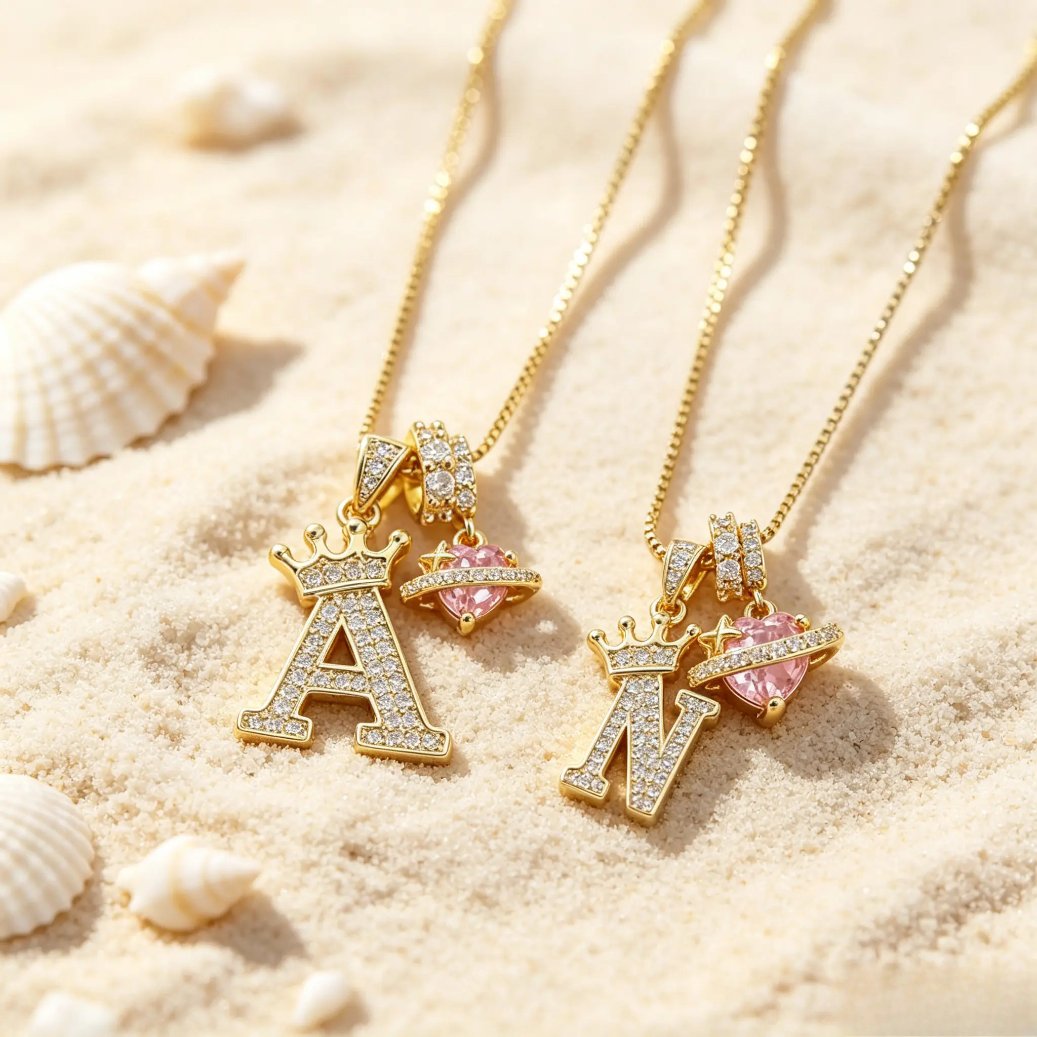 Crown A‑Z Initial Necklace,Personalized Alphabet Pendant With Pink Heart Cubic Zirconia Detail,Shiny Unisex Name Jewelry,Ideal Accessory For Party,Birthday,Holiday,Wedding And Anniversary Gifting