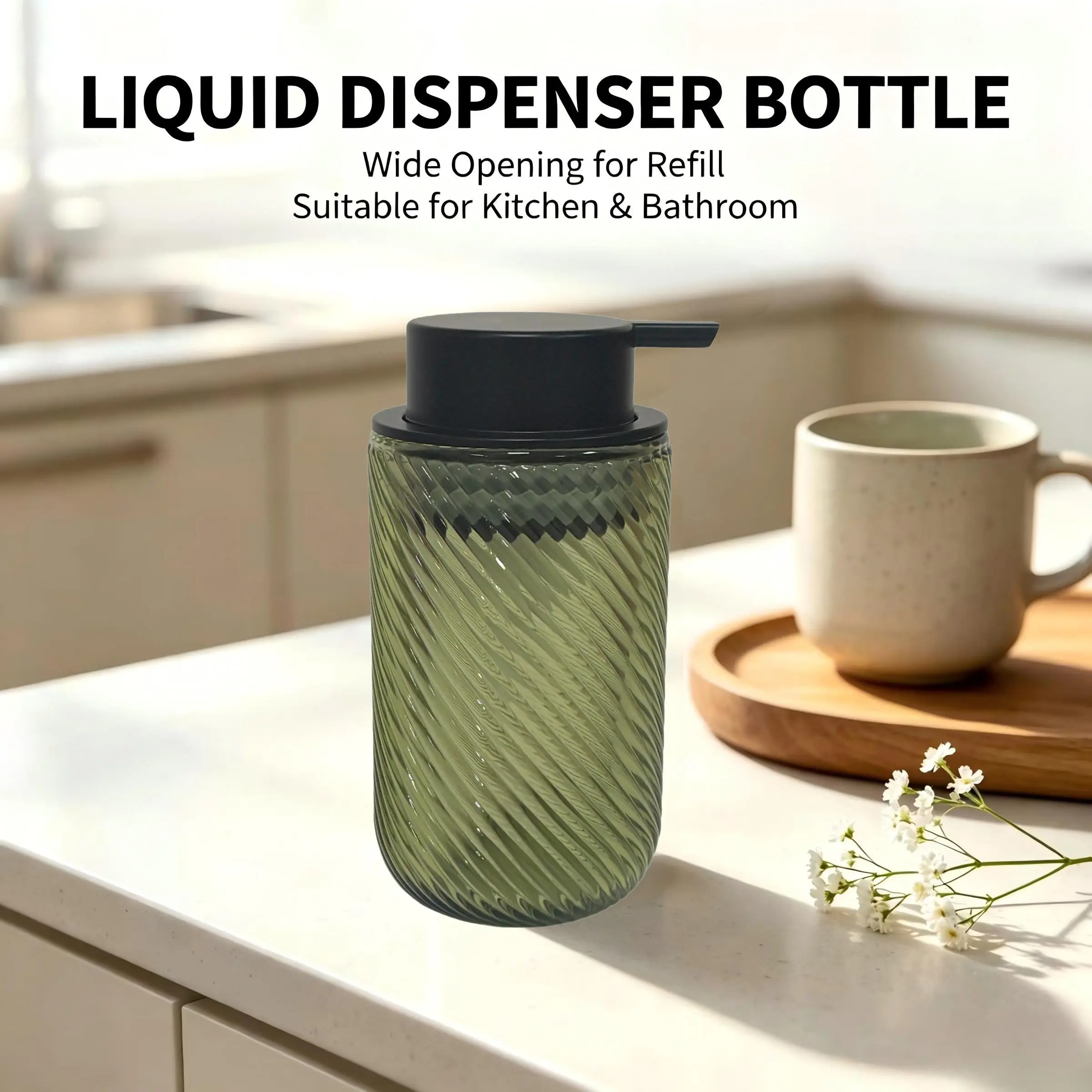 Glass Soap Dispenser Stripes Wide Mouth Foam Hand Wash Bath Liquid, Modern European Style, Bathroom Kitchen Laundry Room Decor