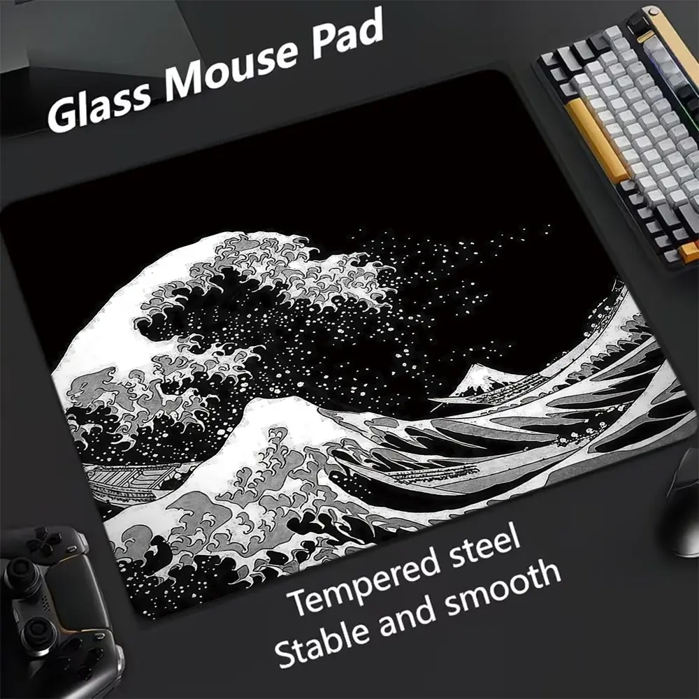 Japanese Wave Pattern Glass Mouse Pad, Ultra Smooth Tempered Glass, Large Size Gaming Mouse Pad, Ideal for Gaming and Office Use, Tempered Glass Mousepad