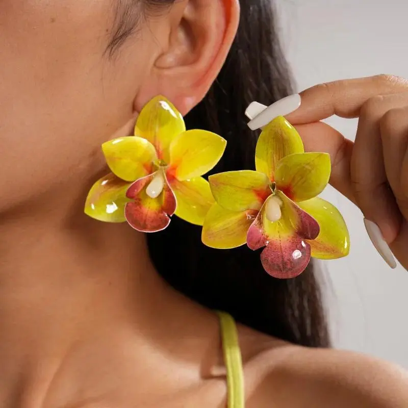 5 Colors Bohemian Orchid Flower Stud Earrings for Women 3D Epoxy Floral Earrings Trendy Charms Jewelry Beach Travel Holidya K