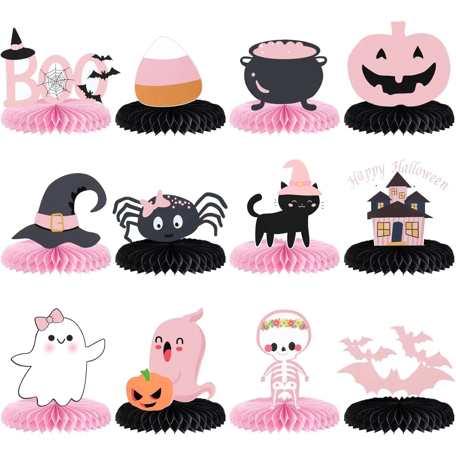 Pink and Black Halloween Honeycomb Centerpieces Halloween Birthday Baby Shower Table Centerpieces Sticks for Halloween Baby Shower Birthday Party Table Decorations - 12Pcs