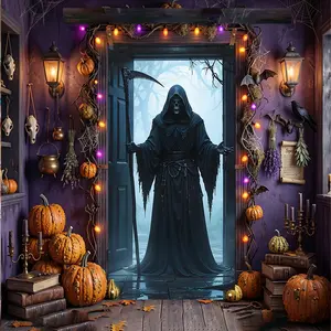 Grim Reaper with Scythe Pattern Halloween Front Door Banner, Perfect as Halloween Decorations, Haunted House Prop, Party Backdrop, Porch Sign, Yard Decor, Photography Background, Window Display, Ideal for Creating Spooky Atmosphere at Parties, Bars and Ou