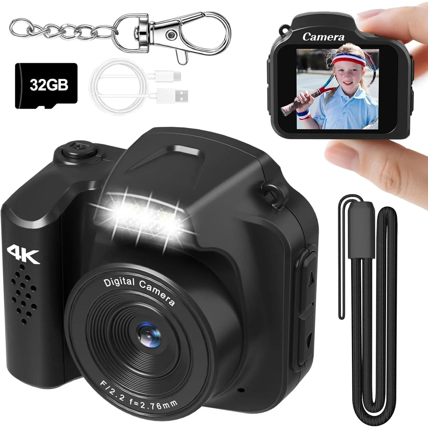 Camera 4K 64MP  Digital Camera,Pocket Retro  Video Camera with LED Light and 32G  SD Card, Suitable for Teenagers, Adults, , and Photography Beginners Black