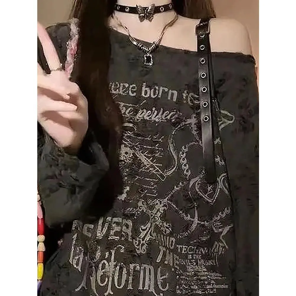 Vintage Y2K Oversize Off shoulder T shirt With Print Women Ripped Top Hole Long sleeve Baggy Basic T shirt Pulovers Ladies Tops
