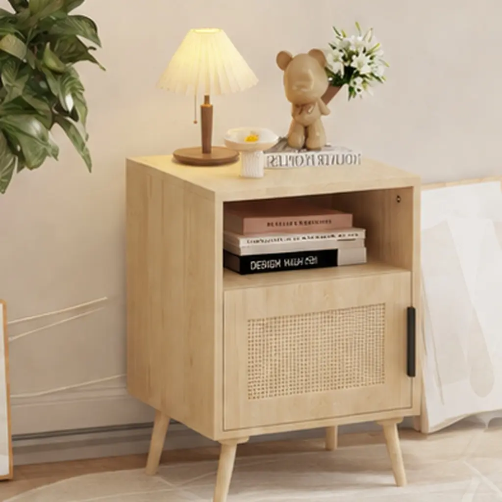Rattan Nightstand with Cane Decor Door & Open Shelf - 11.81" W x 15.75" D x 22.83" Tall Indoor Furniture, MDF Frame, Solid Beech Legs, Oak Finish, Assembly Required, Compact Side Table for Bedroom Small Spaces, Single Box Delivery, Modern Charm