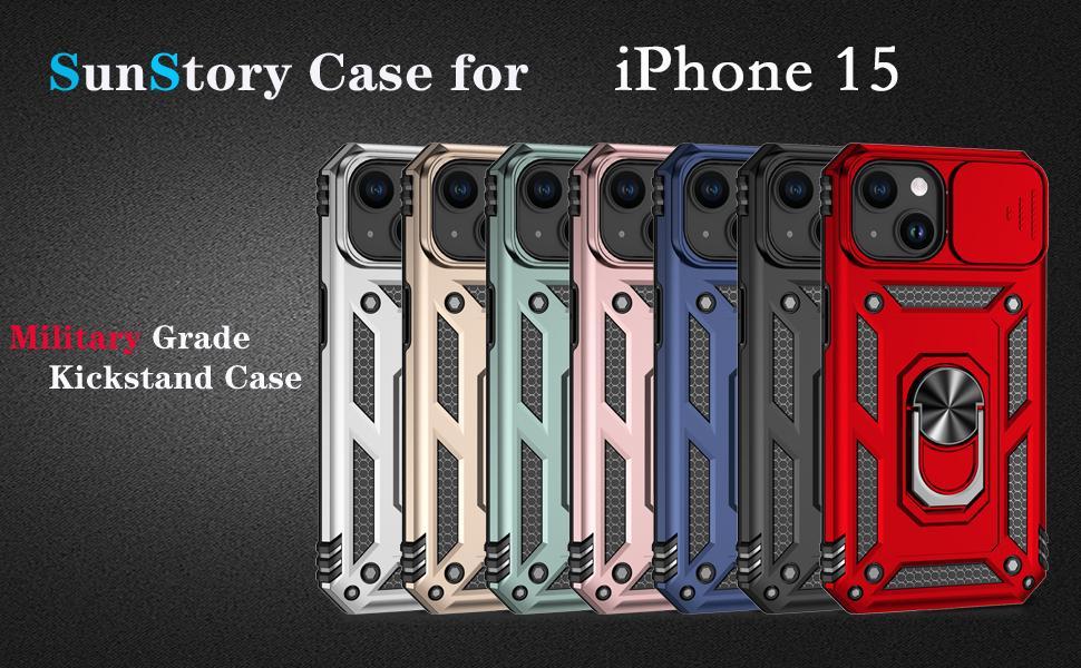 SunStory Compatible with iPhone 15 Case with HD Screen Protector & Slide Camera Cover & Rotated Ring Kickstand, [Military-Grade] Phone Case for iPhone 15,Red