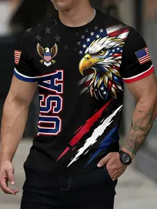Men's Round Neck Casual Short Sleeve T-Shirt, Usa Independence Day Flag Print, Loose Fit, Streetwear, Summer Top, Casual Tee Shirt, Comfortable and Slimming