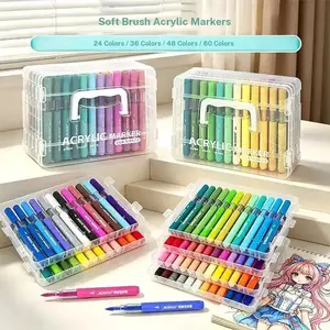 24/36/48/60 Color Soft Tip Acrylic Markers, Fast-Drying, Non-Transparent, Stackable, Transparent Pen Case, Student Art, Sketching, Multi-Material Brush