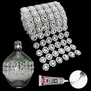 Silver Flower Rhinestone Ribbon Trim with Glue, 4In/6Rows Rhinestone Mesh Fabric, Bling Rhinestone Ribbon Roll for Crafts, Party Christmas New Year Decoration