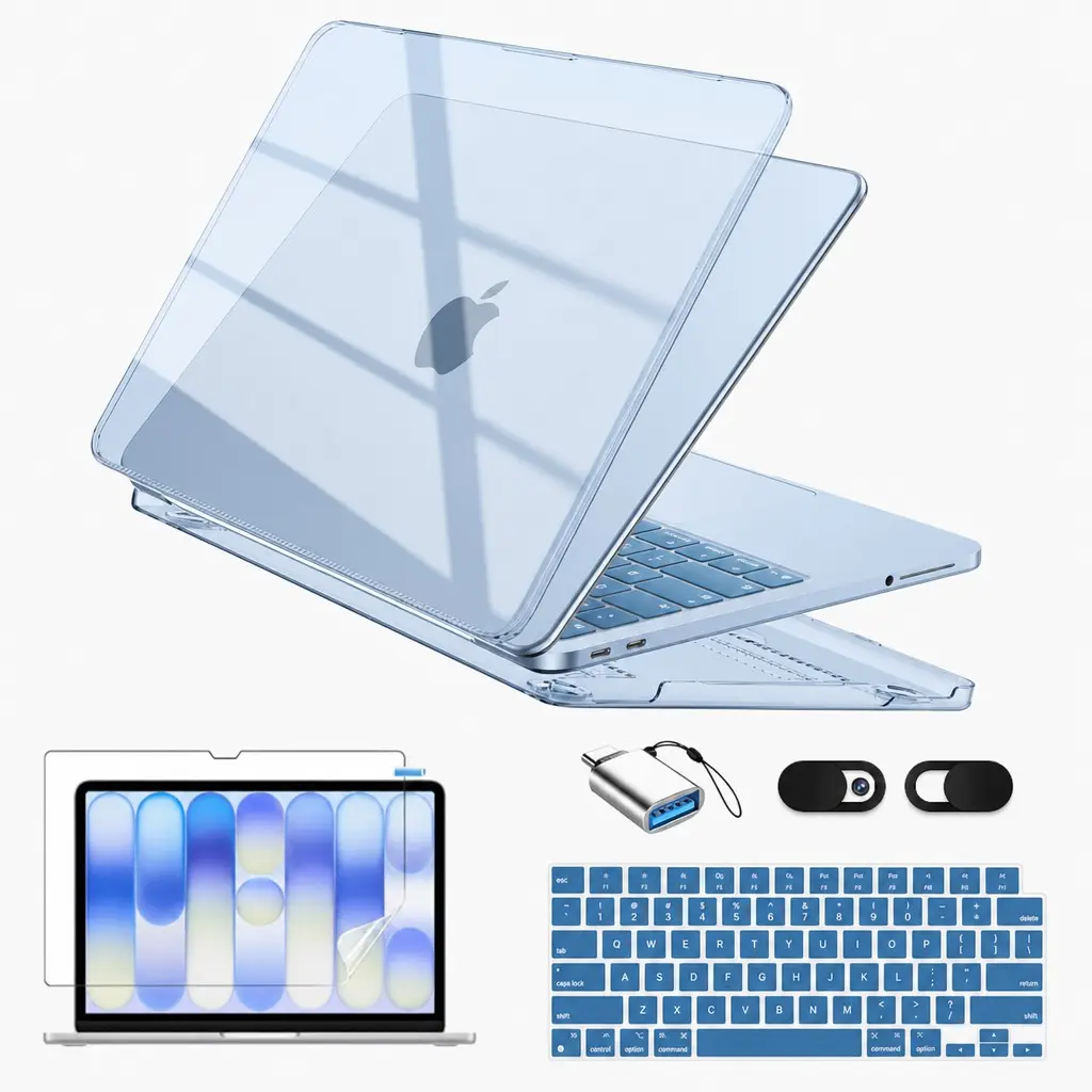 Shockproof Anti-Scratch Laptop Case for Macbook Neo, Clear Blue Hard Shell, Keyboard Cover, HD Screen Protector, OTG Adapter, Camera Blocker