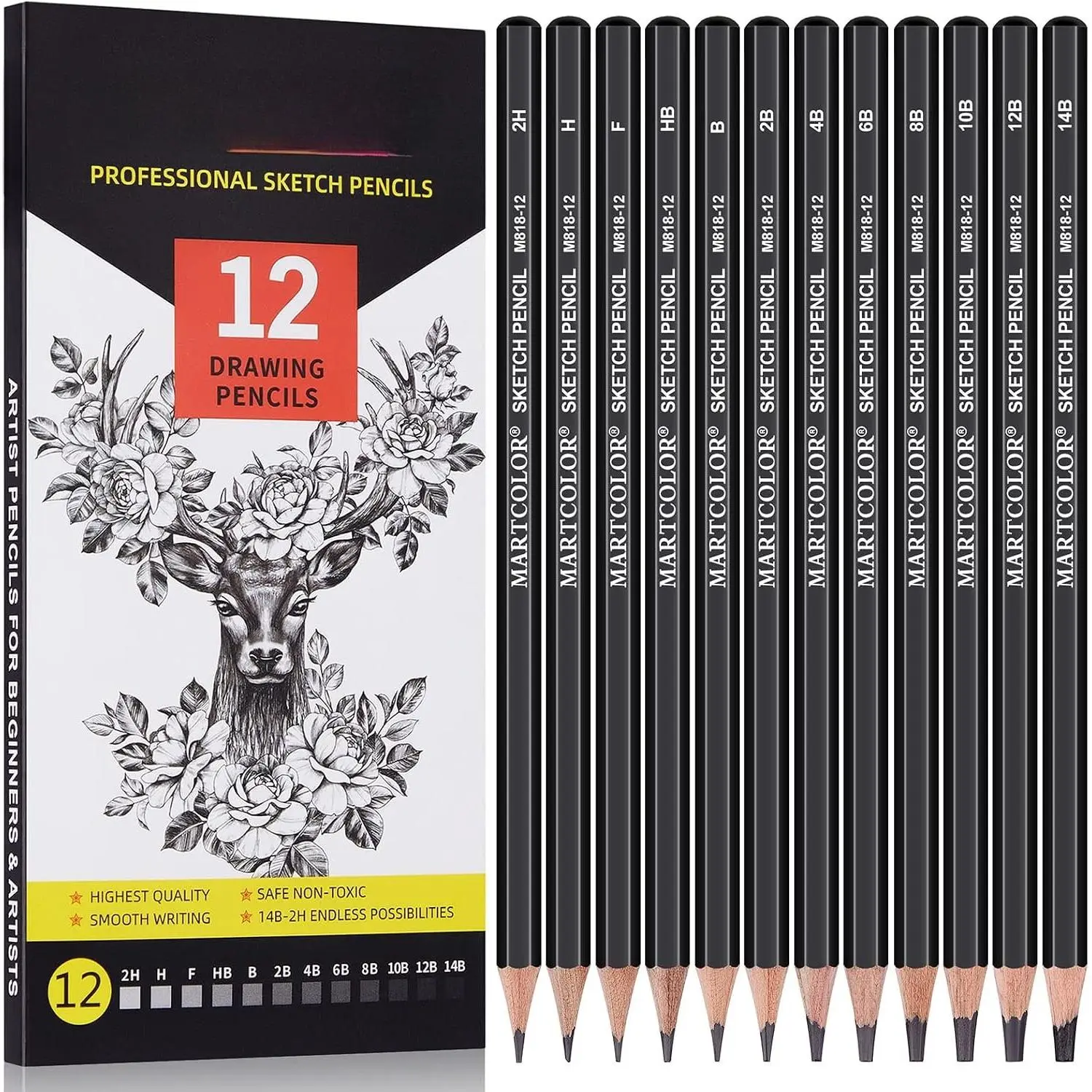 12-Pack Graphite Drawing Sketching Pencils Set (14B-2H) - Pre-Sharpened Sketching Tool, Ideal for Shading, Suitable for Beginners & Pros | Office Stationery Writing Correction Tool