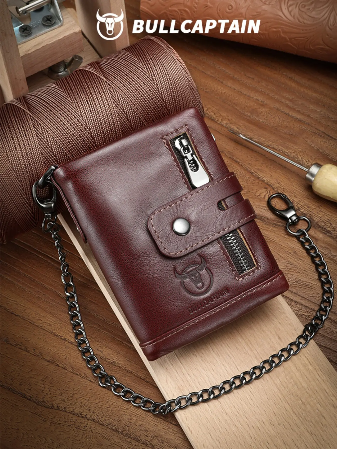 Bullcaptain Men's Genuine Leather Phone Stand Wallet, Multi-Functional Anti-Theft Chain, Casual Plain Design, All Seasons Use