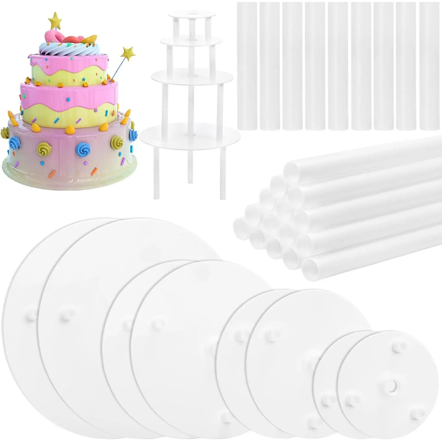 24 Pieces Cake Dowel Rods with 8 Cake Separator Plates for 4-10 Inch 4 Tiered Cakes, Plastic Support Rods and Cake Boards for Cake Construction and Stacking
