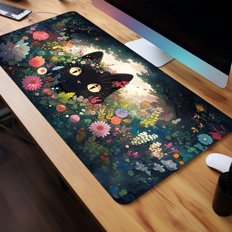Flower & Black Cat Pattern Mouse Pad, 1 Piece Modern Fashion Mouse Pad, Extended Aesthetic Keyboard Mouse Pad, Desk Mouse Pad for Home Office School, Office Stationery & Supplies