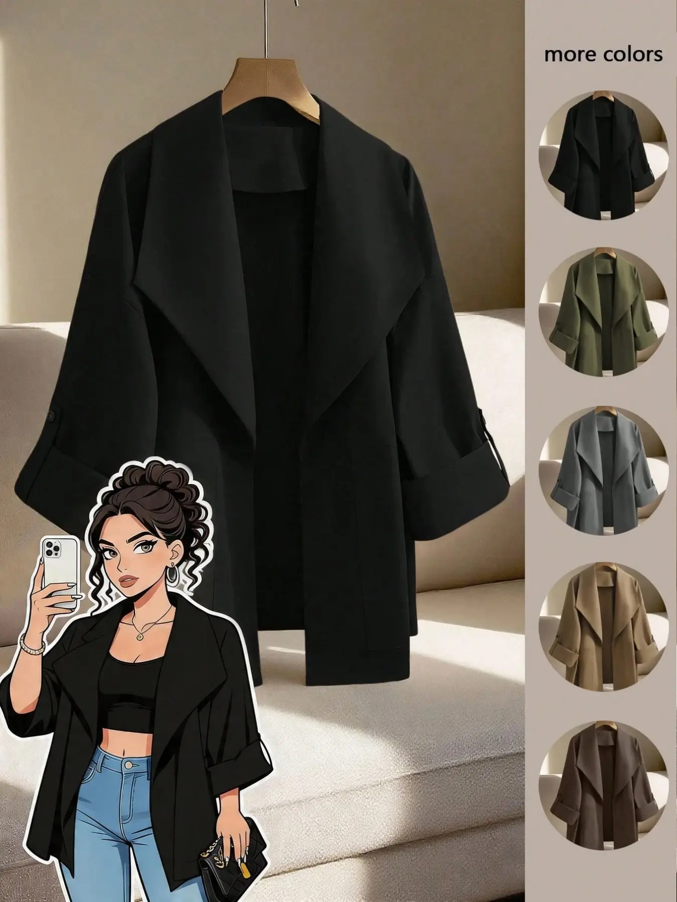 Women's Plus Size Open Front Jacket Tab Sleeve Draped Lapel Loose Basic Casual Coat Outerwear Solid Fall Winter Office Workwear Daily Commuter Trendy Chic Minimalist Office Style