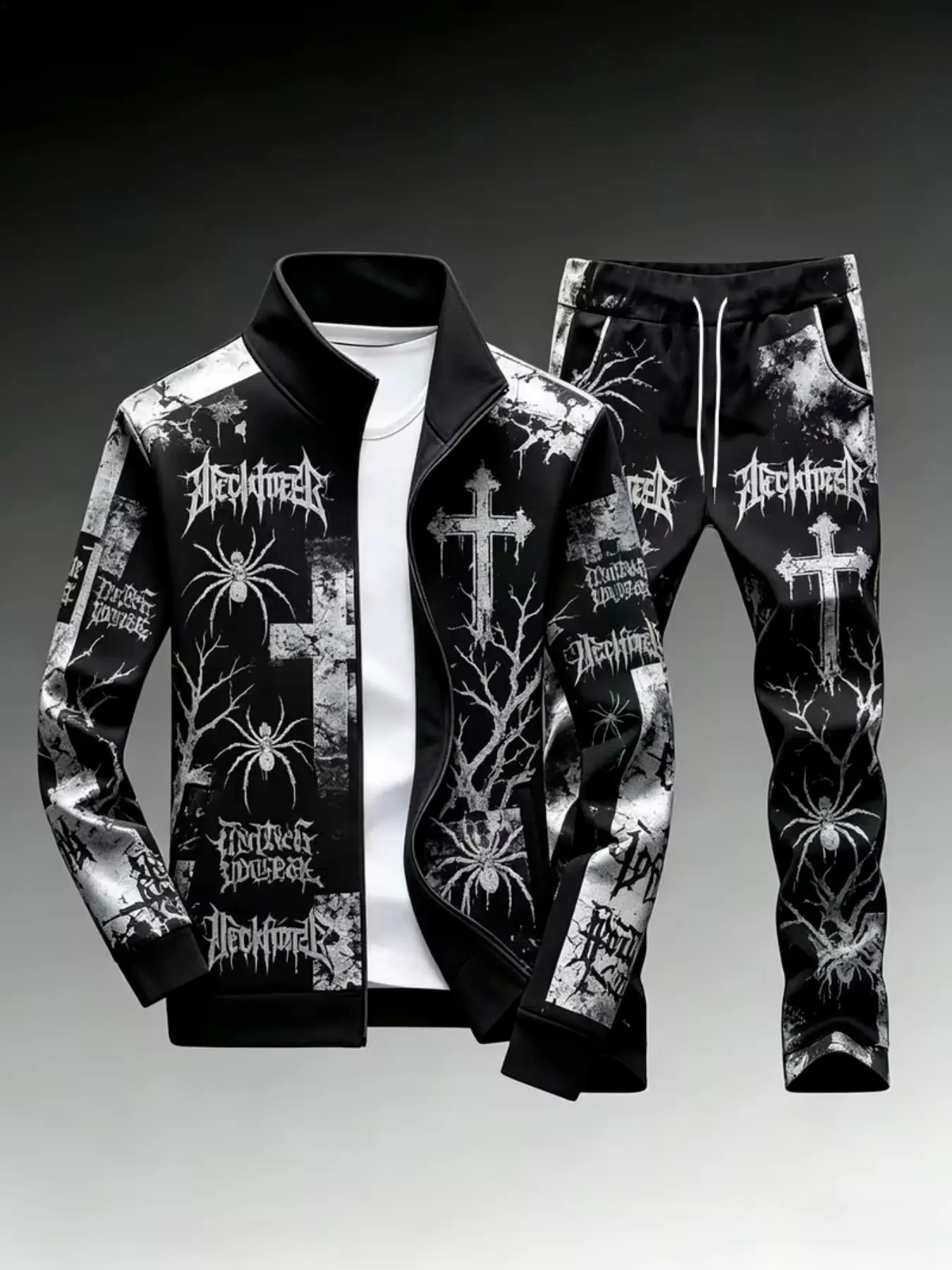 Men's dark gothic style tracksuit, featuring a cross, spider, and withered tree print; a stand-up collar zip-up jacket paired with drawstring trousers; a high-street rock-inspired casual two-piece set.