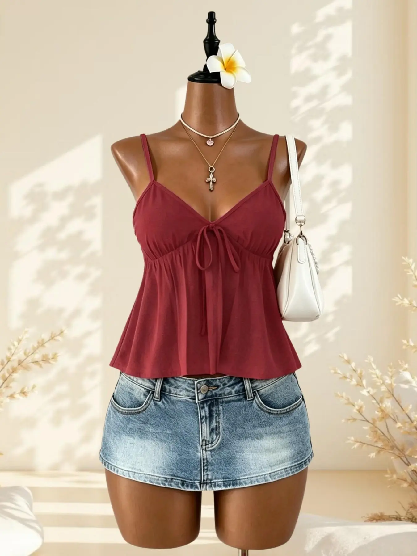 Women's Polka Dot Pattern Peplum Hem Cami Top, V-Neck & Tie Front Design, Slim-Fit Summer Top