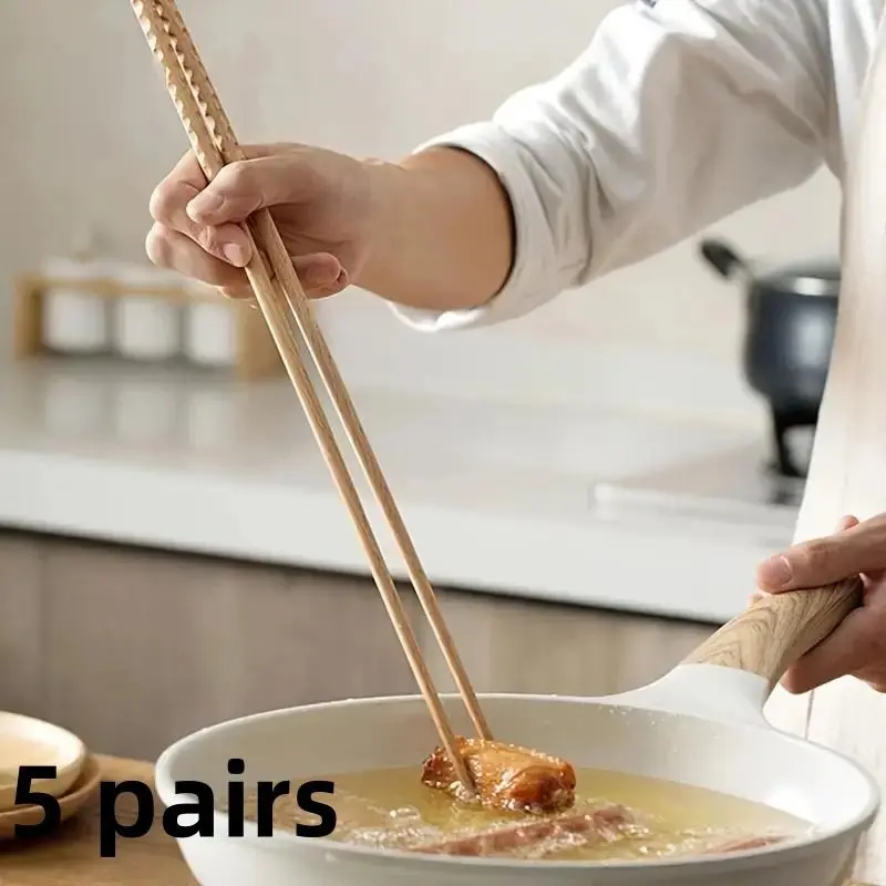 5 pairs of extra long wooden chopsticks, polished beech wood, stir fried non slip chopsticks, kitchen cooking tools, kitchenware, suitable for restaurants
