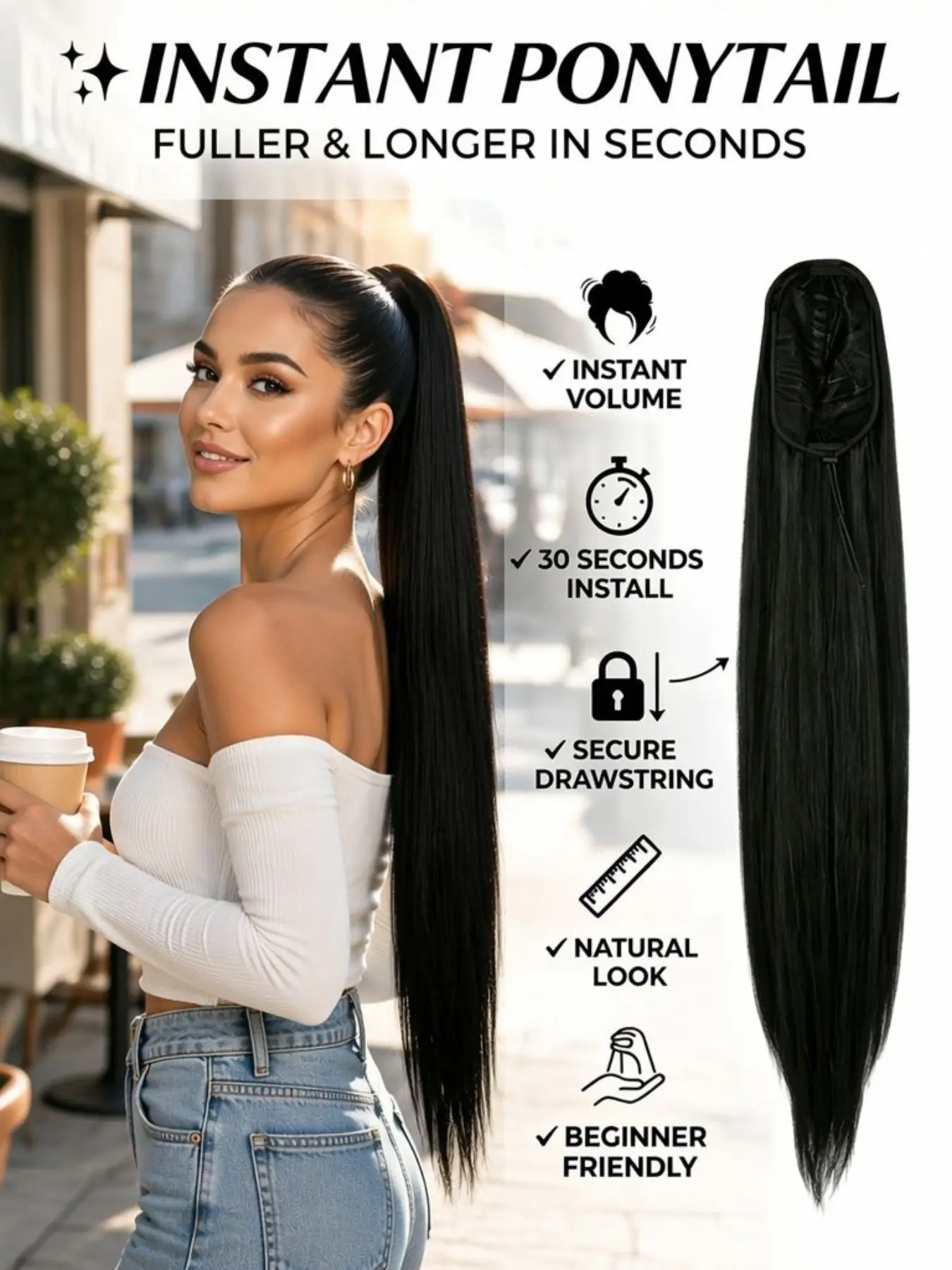 Long black Yaki straight hair drawstring ponytail, suitable for black women, 32-inch synthetic material. Stable drawstring that doesn't slip off. Ideal for daily commuting and date looks.